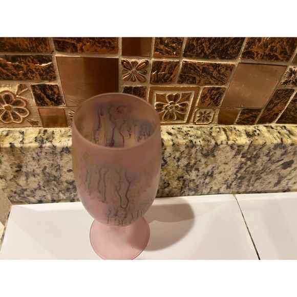 Vintage Frosted Pink Art Glass Goblet Watercolor Drip Hand Painted Stemware - Picture 2 of 2